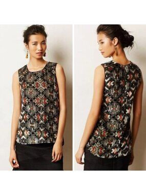 Meadow Rue Anthropologie Black Gold Velvet Metallic Sheer Sleeveless Top, Size S